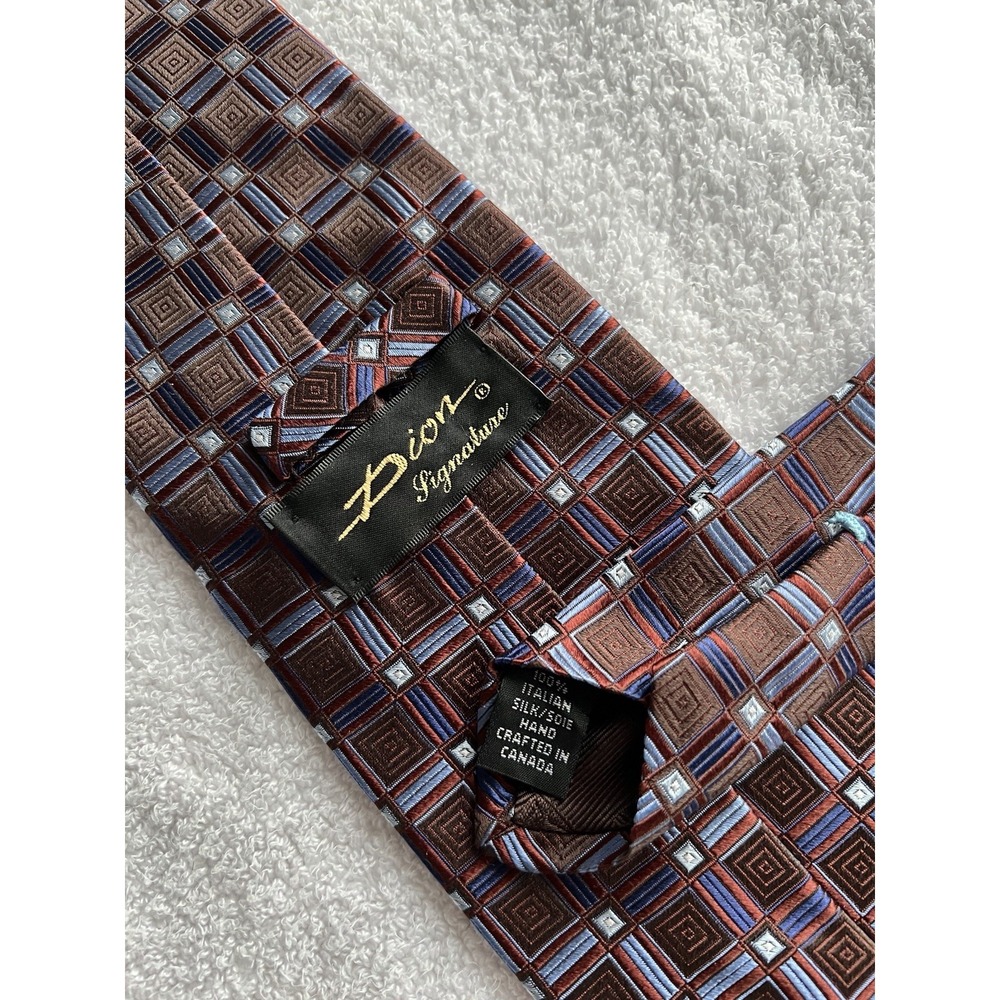 Dion Signature	Purple Blue Square Geometric Woven Italian Silk Long Tie Necktie